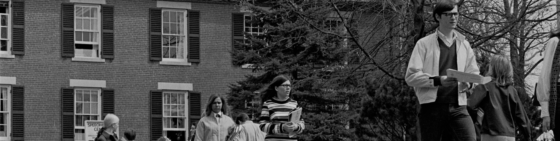 students walking on campus, in 1970's