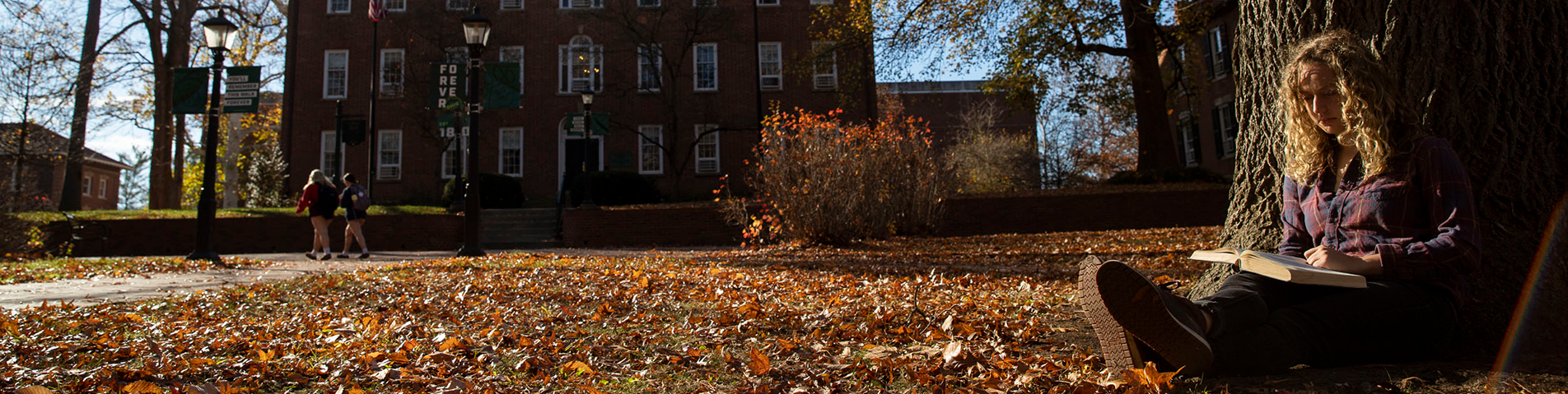 student sitting on the ground by the tree reading in the fall